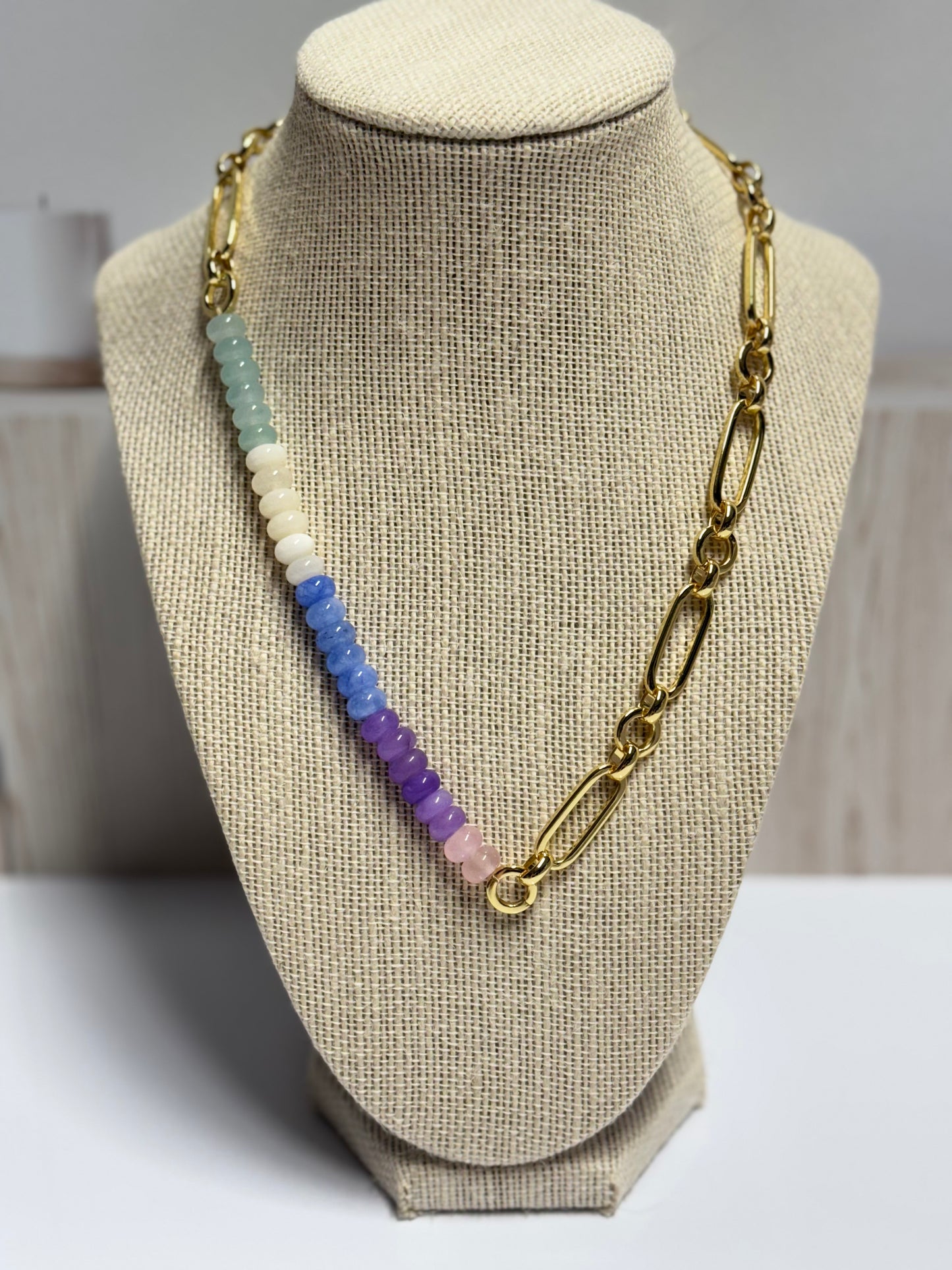 Multi-Color Rondelle Beads and Gold Plated Large Paperclip Necklace