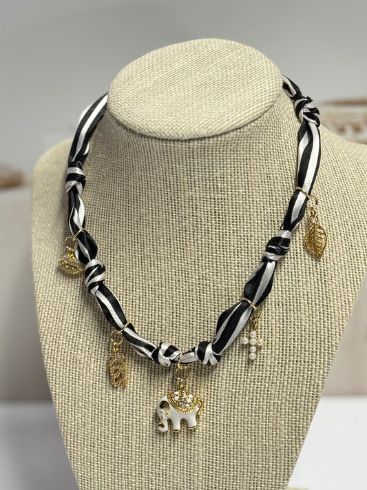 Silk Scarf Necklace with Charms